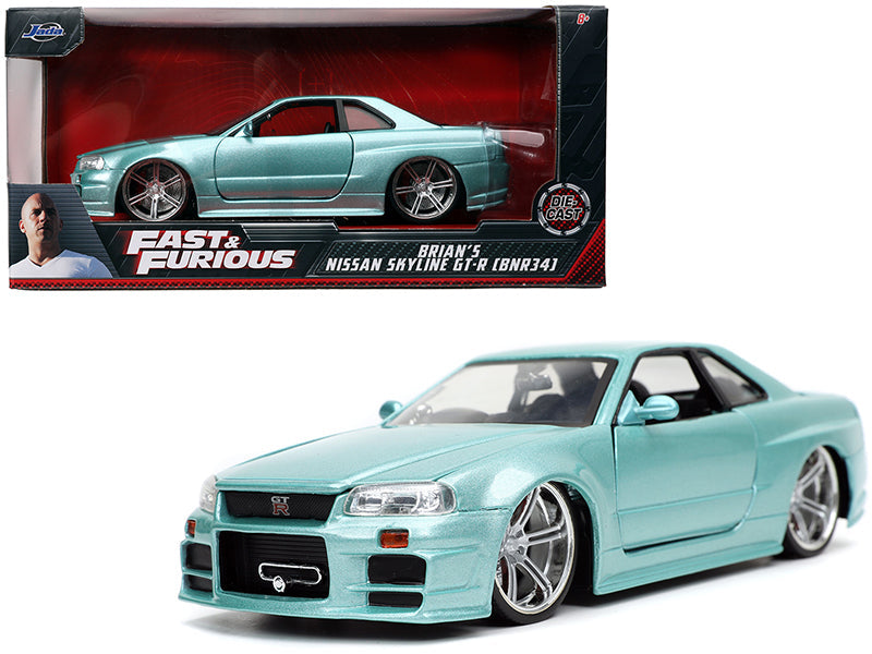 Brian's Nissan Skyline GT-R (BNR34) RHD (Right Hand Drive) Turquoise Metallic "Fast & Furious" Movie 1/24 Diecast Model Car by Jada  free shipping USA