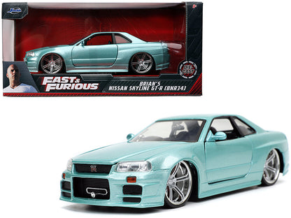 Brian's Nissan Skyline GT-R (BNR34) RHD (Right Hand Drive) Turquoise Metallic "Fast & Furious" Movie 1/24 Diecast Model Car by Jada  free shipping USA