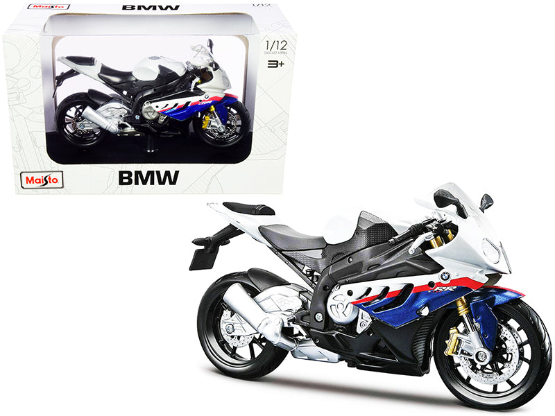BMW S 1000 RR White with Blue and Red Stripes with Plastic Display Stand 1/12 Diecast Motorcycle Model by Maisto  free shipping USA