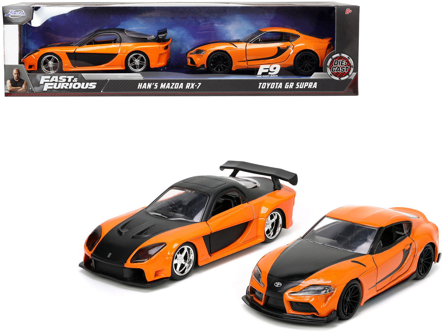 Han's Mazda RX-7 Orange Metallic and Matt Black and Toyota GR Supra Orange Metallic with Black Hood Set of 2 pieces "Fast & Furious" Series 1/32 Diecast Model Cars by Jada  free shipping USA