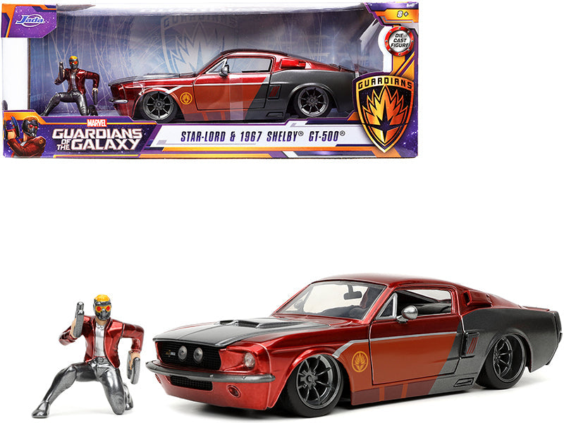 1967 Ford Mustang Shelby GT-500 Red Metallic and Gray Metallic with Star-Lord Diecast Figurine "Guardians of the Galaxy" "Marvel" Series 1/24 Diecast Model Car by Jada  free shipping USA