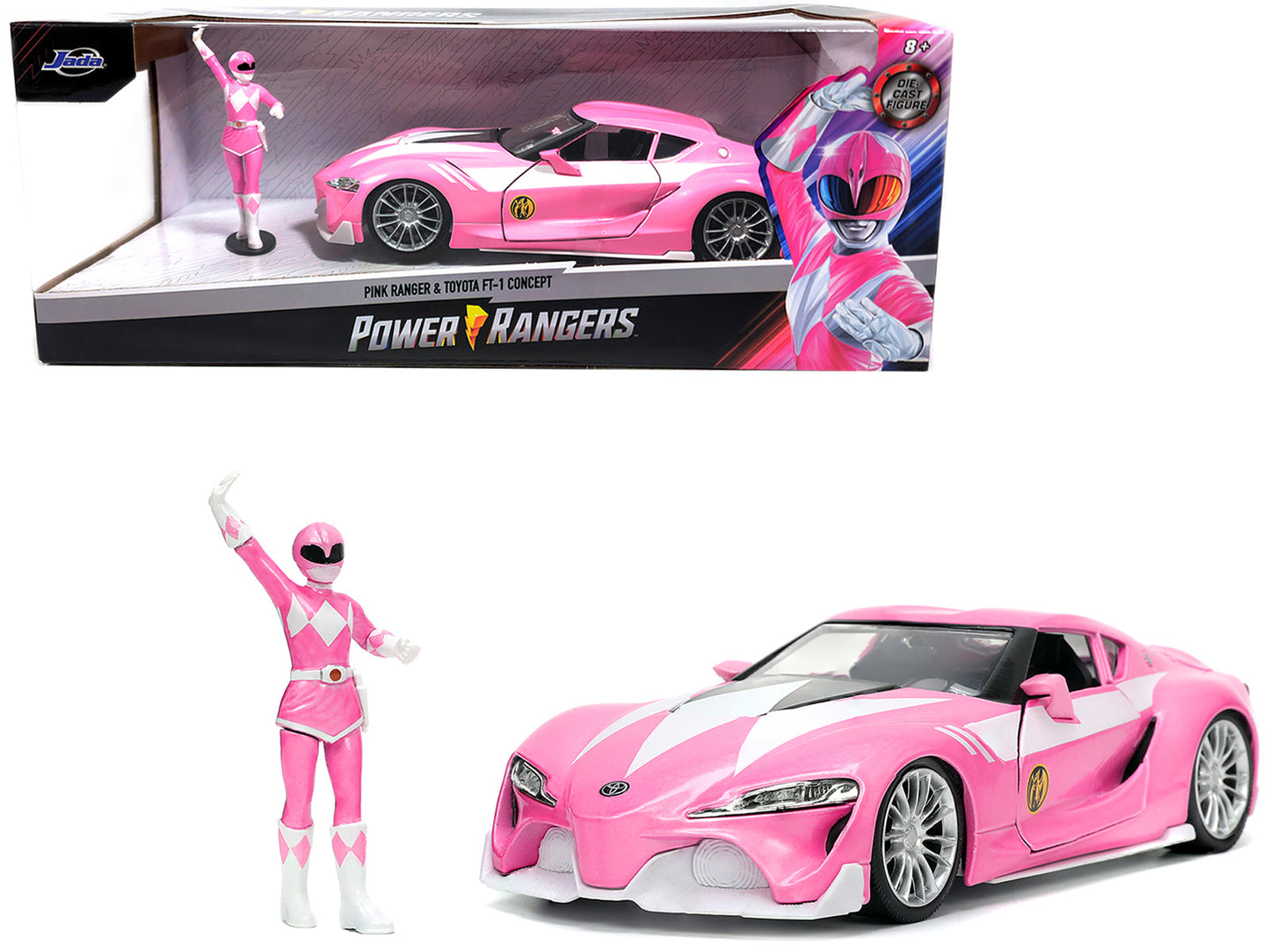 Toyota FT-1 Concept Pink Metallic and Pink Ranger Diecast Figurine "Power Rangers" "Hollywood Rides" Series 1/24 Diecast Model Car by Jada  free shipping USA