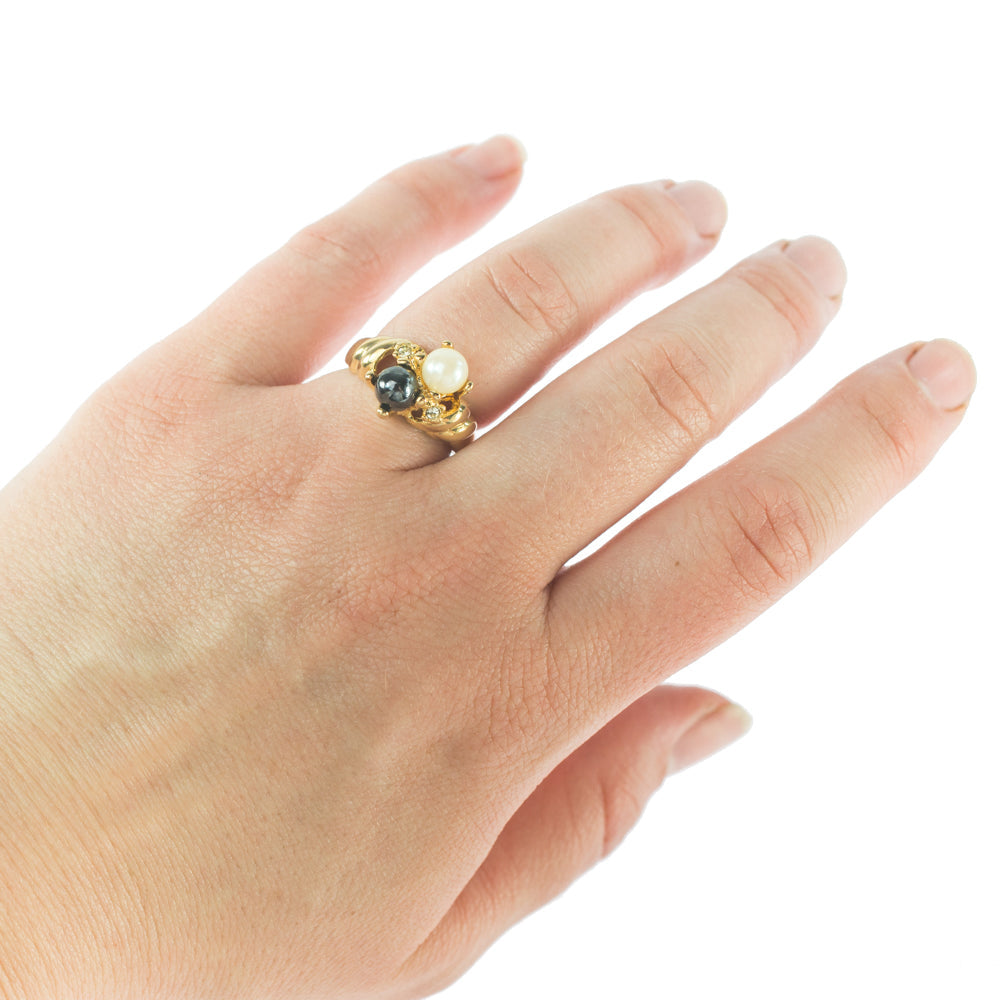 Vintage Ring Black and White Pearl with Crystal Ring 18k Gold Antique Womans Jewlery Handmade Size Rings R3326 by PVD Vintage Jewelry