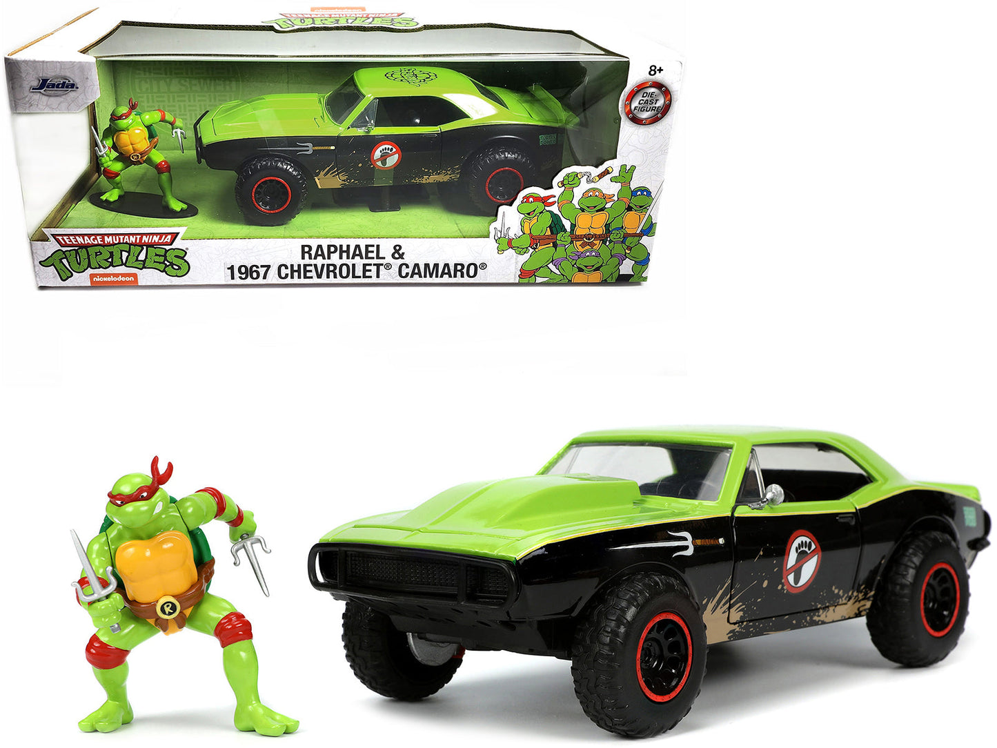 1967 Chevrolet Camaro Offroad Bright Green and Matt Black (Dirty Version) and Raphael Diecast Figure "Teenage Mutant Ninja Turtles" "Hollywood Rides" Series 1/24 Diecast Model Car by Jada  free shipping USA