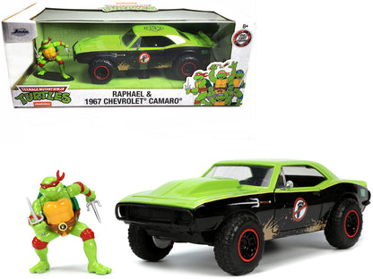 1967 Chevrolet Camaro Offroad Bright Green and Matt Black (Dirty Version) and Raphael Diecast Figure "Teenage Mutant Ninja Turtles" "Hollywood Rides" Series 1/24 Diecast Model Car by Jada  free shipping USA