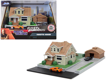 Toretto House Diorama with Dodge Charger Black and Toyota Supra Orange with Graphics "Fast and Furious" "Nano Scene" Series Models by Jada  free shipping USA
