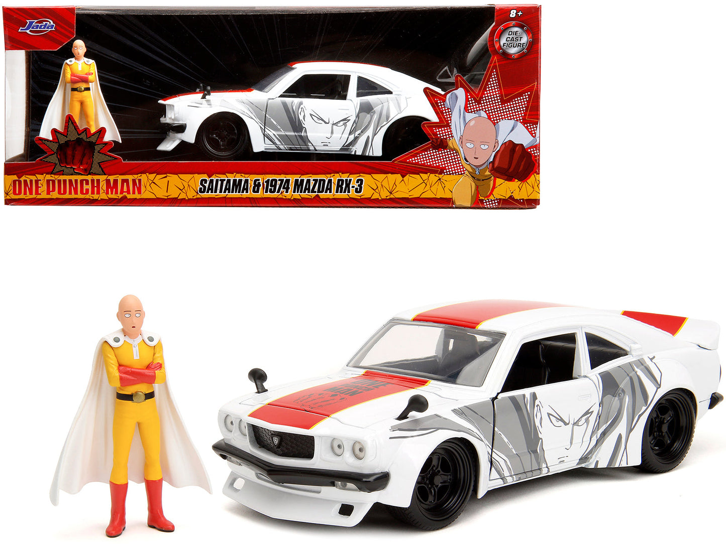 1974 Mazda RX-3 White with Red Stripe and Graphics and Saitama Diecast Figure "One Punch Man" (2015-2019) TV Series 1/24 Diecast Model Car by Jada  free shipping USA