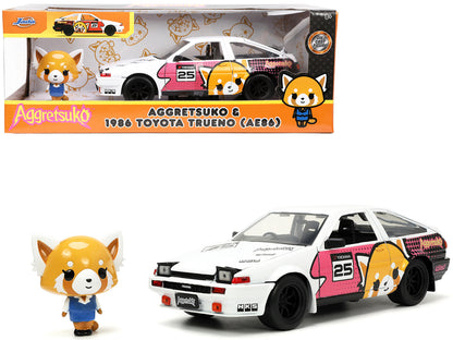 1986 Toyota Trueno (AE86) RHD (Right Hand Drive) #25 White with Graphics and Aggretsuko Diecast Figure "Aggretsuko" "Anime Hollywood Rides" Series 1/24 Diecast Model Car by Jada  free shipping USA