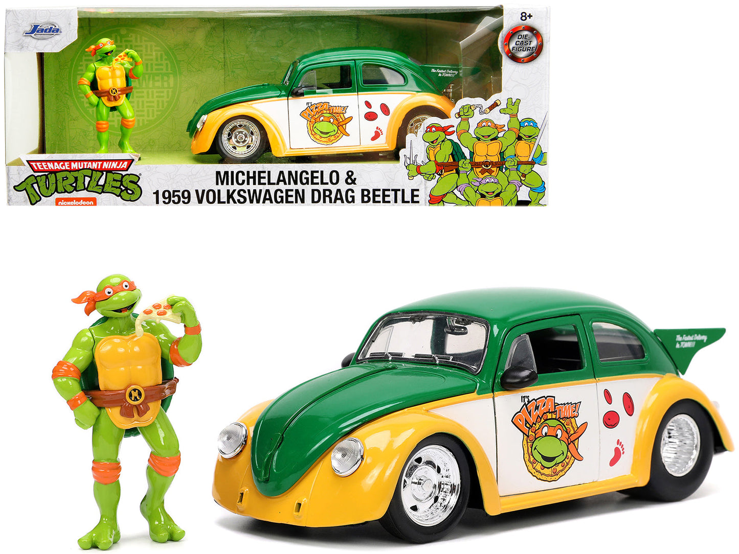 1959 Volkswagen Drag Beetle Green and Yellow and Michelangelo Diecast Figure "Teenage Mutant Ninja Turtles" "Hollywood Rides" Series 1/24 Diecast Model Car by Jada  free shipping USA