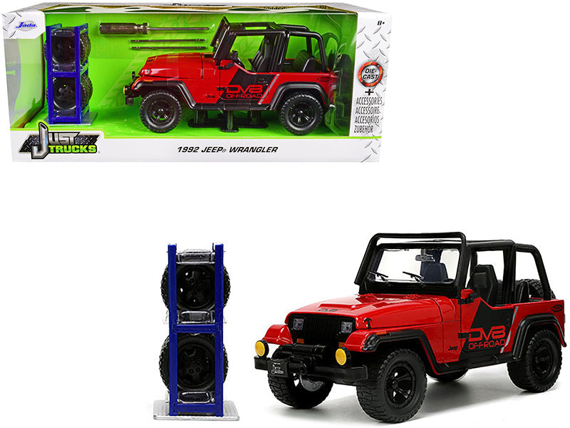 1992 Jeep Wrangler DV8 Off-Road Red with Matt Black Stripes with Extra Wheels "Just Trucks" Series 1/24 Diecast Model Car by Jada  free shipping USA