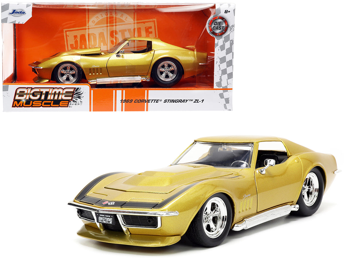 1969 Chevrolet Corvette Stingray ZL-1 Gold Metallic with Black Stripe "Bigtime Muscle" Series 1/24 Diecast Model Car by Jada  free shipping USA