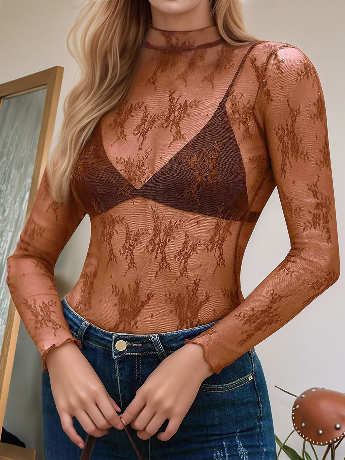 Floral Mock Neck Long Sleeve Mesh Top