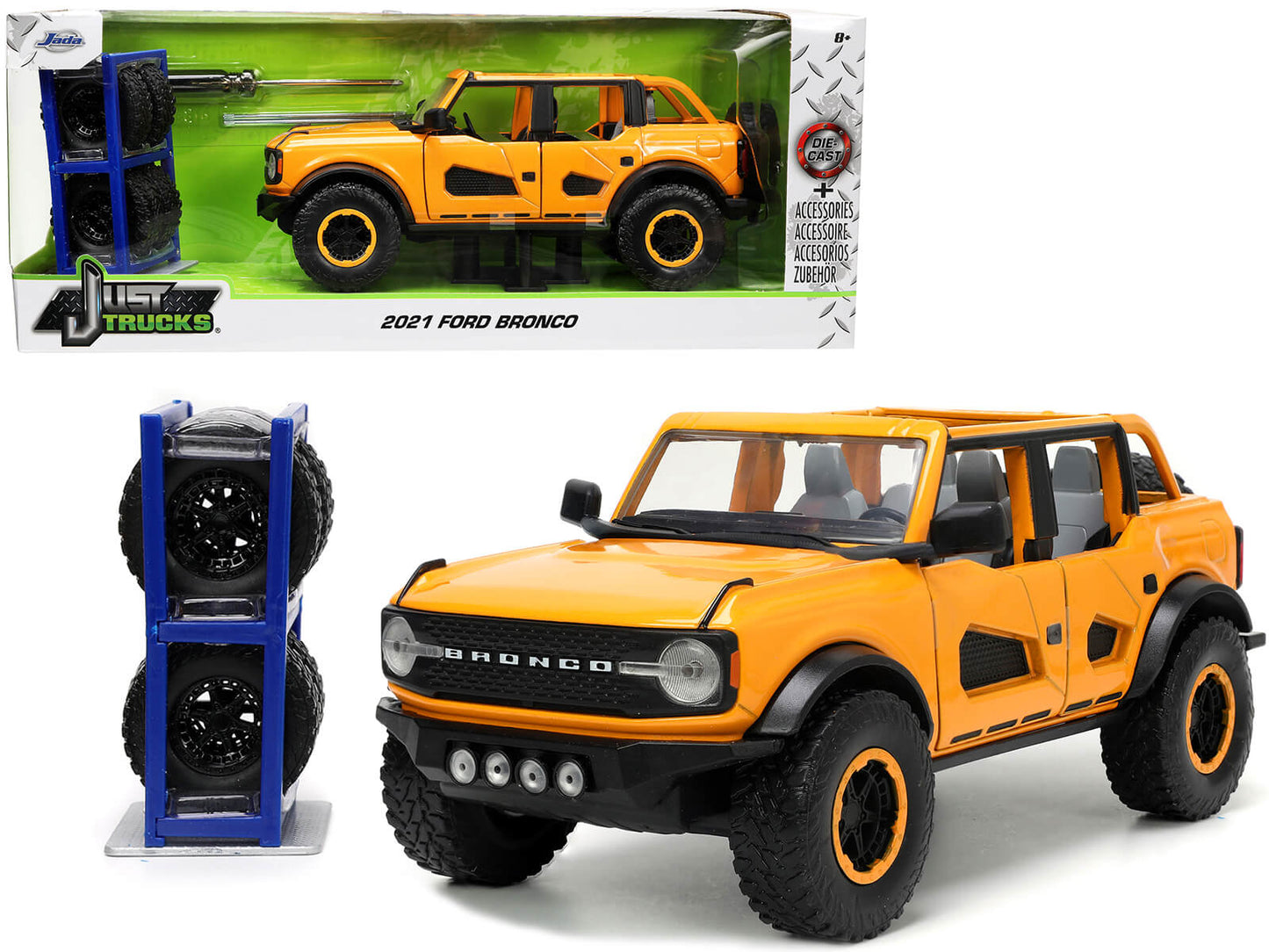 2021 Ford Bronco Orange Metallic with Extra Wheels "Just Trucks" Series 1/24 Diecast Model Car by Jada  free shipping USA