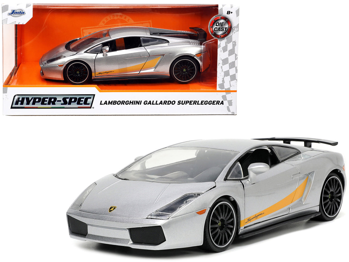 Lamborghini Gallardo Superleggera Silver Metallic with Yellow Stripes "Hyper-Spec" Series 1/24 Diecast Model Car by Jada  free shipping USA