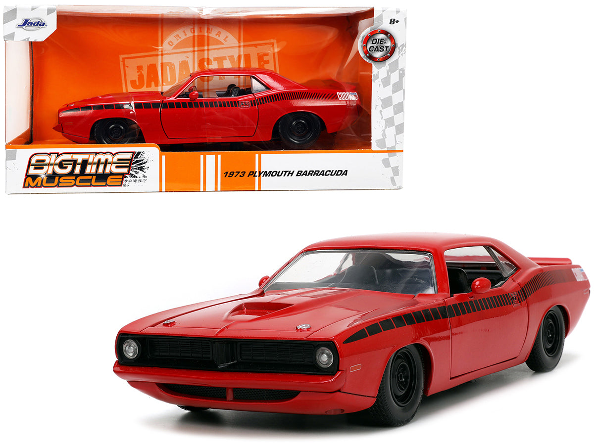 1973 Plymouth Barracuda Red with Black Stripes "Bigtime Muscle" Series 1/24 Diecast Model Car by Jada  free shipping USA