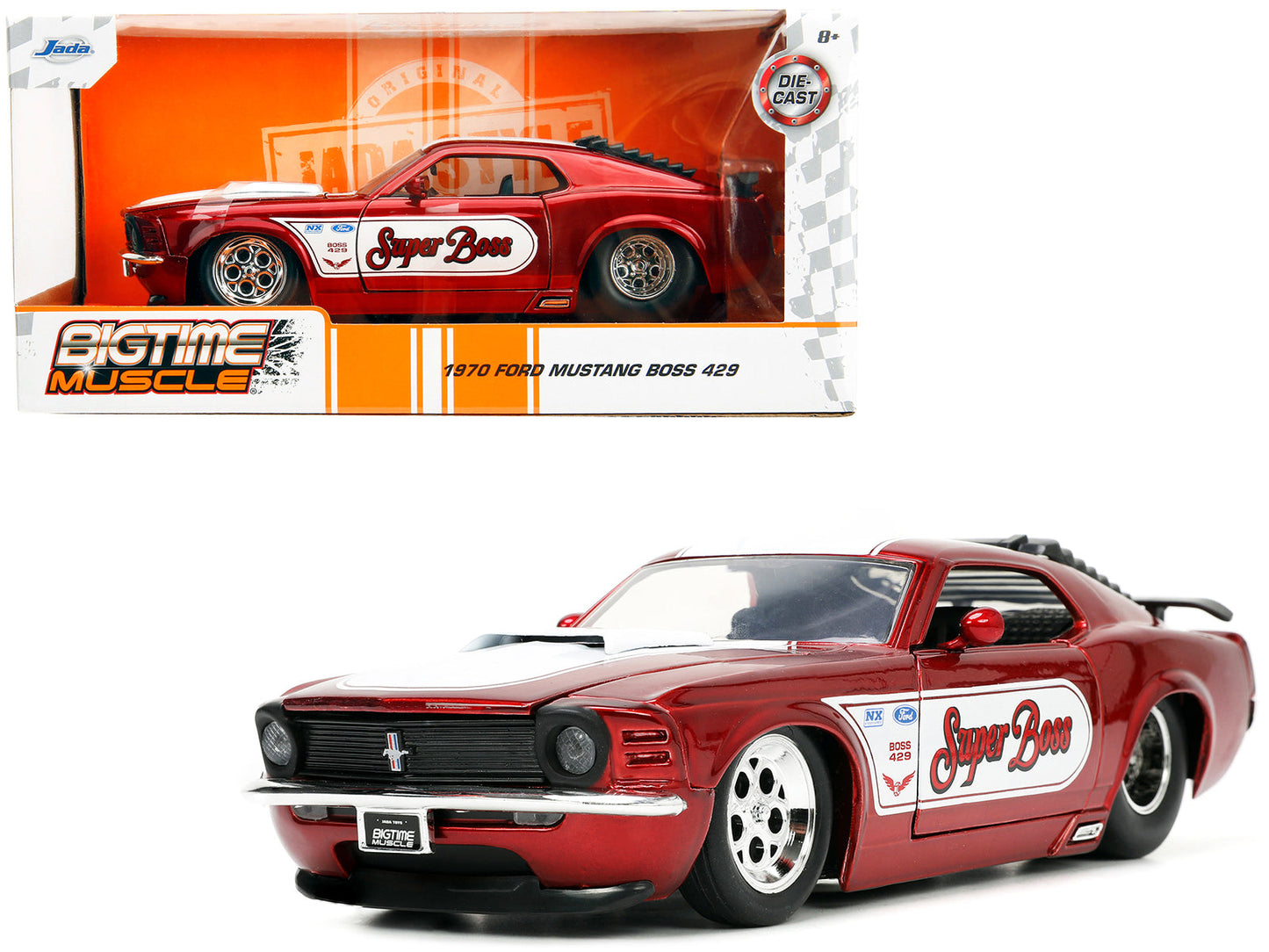 1970 Ford Mustang Boss 429 Candy Red with White Stripes "Super Boss" "Bigtime Muscle" Series 1/24 Diecast Model Car by Jada  free shipping USA