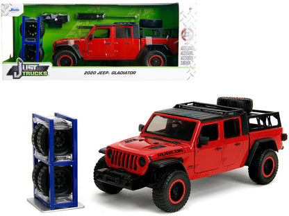 2020 Jeep Gladiator Rubicon Pickup Truck Red with Black Top and Extra Wheels "Just Trucks" Series 1/24 Diecast Model Car by Jada  free shipping USA
