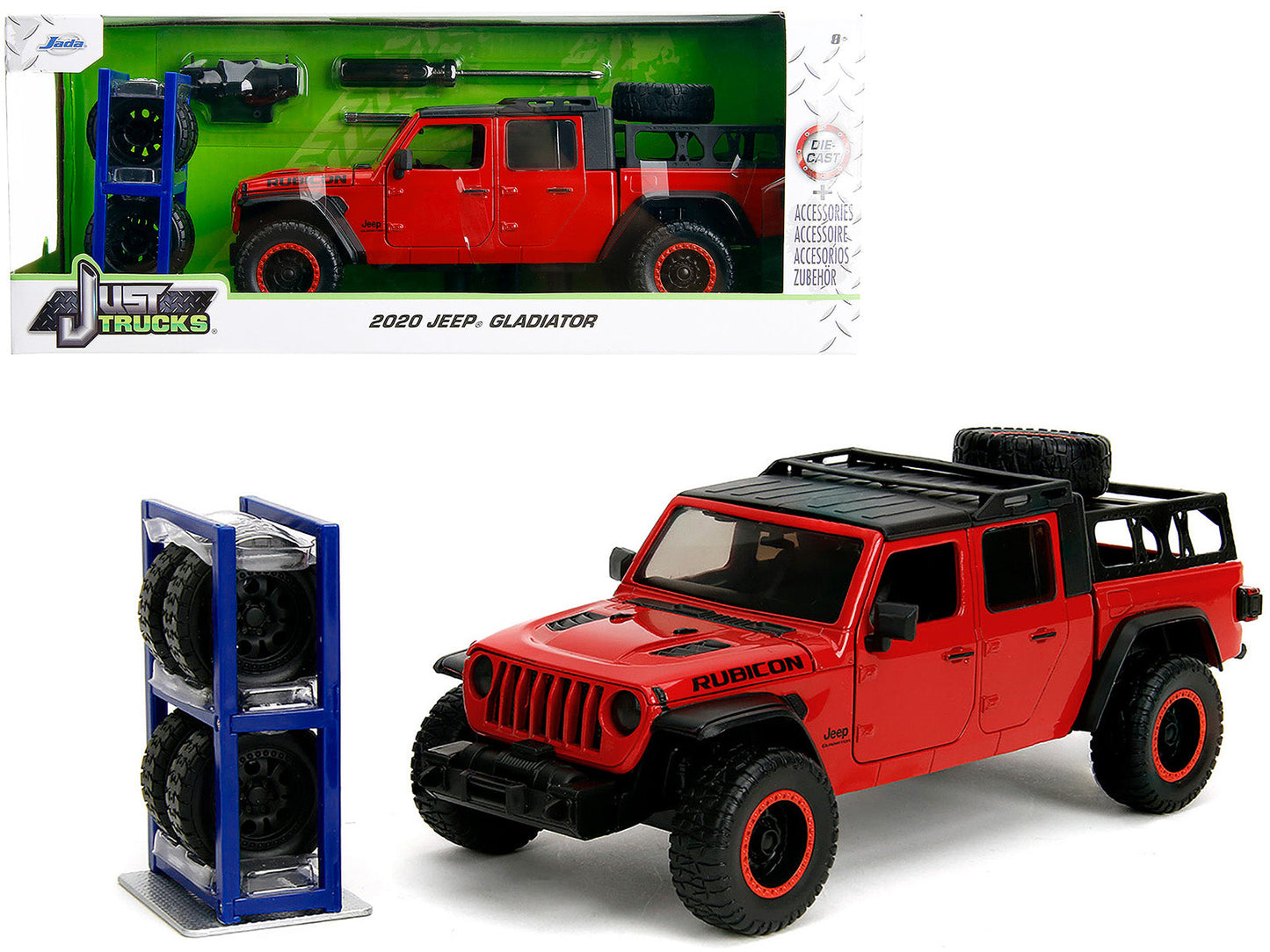 2020 Jeep Gladiator Rubicon Pickup Truck Red with Black Top and Extra Wheels "Just Trucks" Series 1/24 Diecast Model Car by Jada  free shipping USA