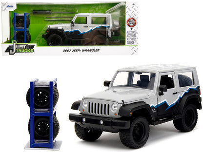 2007 Jeep Wrangler Gray and Black with Blue and White Stripes with Extra Wheels "Just Trucks" Series 1/24 Diecast Model Car by Jada  free shipping USA