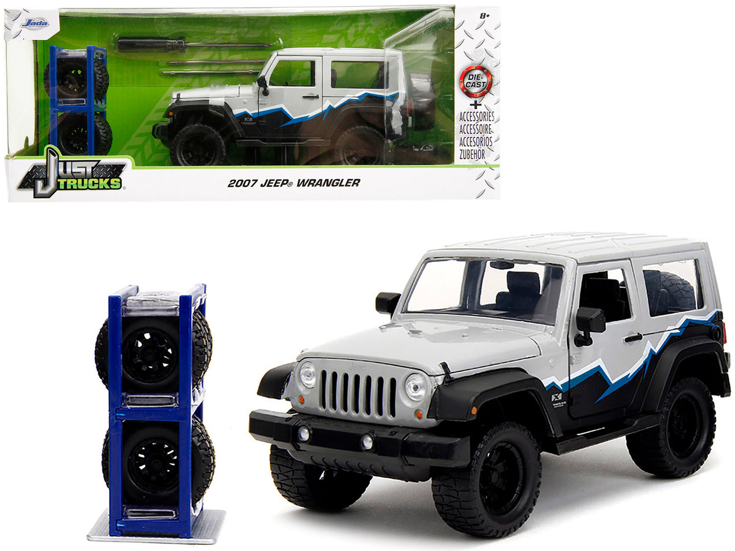 2007 Jeep Wrangler Gray and Black with Blue and White Stripes with Extra Wheels "Just Trucks" Series 1/24 Diecast Model Car by Jada  free shipping USA