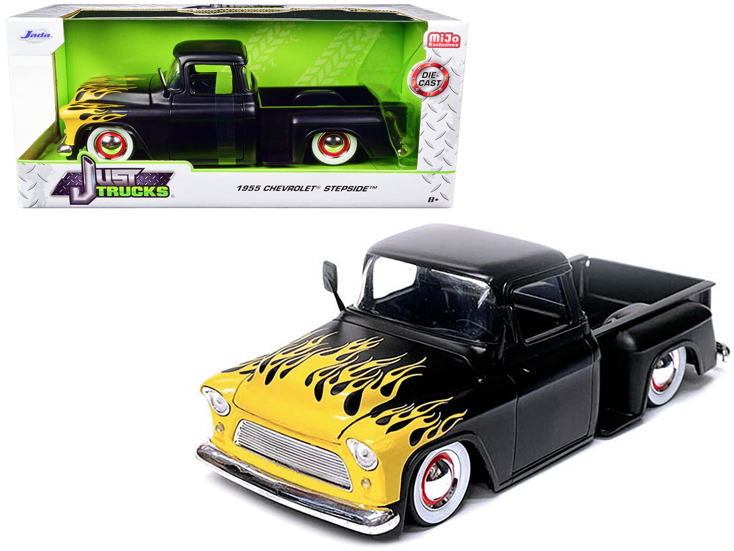 1955 Chevrolet Stepside Pickup Truck Matt Black with Yellow Flames "Just Trucks" Series 1/24 Diecast Model Car by Jada  free shipping USA