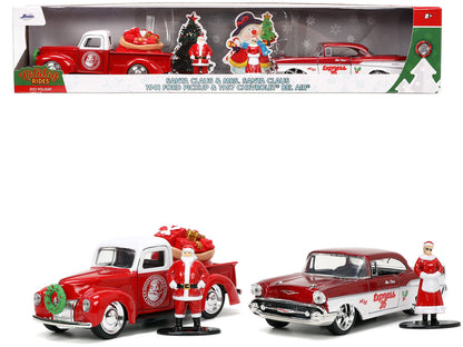 1941 Ford Pickup Truck Red and White "Santa's Workshop" and 1957 Chevrolet Bel Air Red Metallic and White "Express 25" with Mr. and Mrs. Santa Claus Diecast Figures "Holiday Rides" Series 1/32 Diecast Model Cars by Jada  free shipping USA