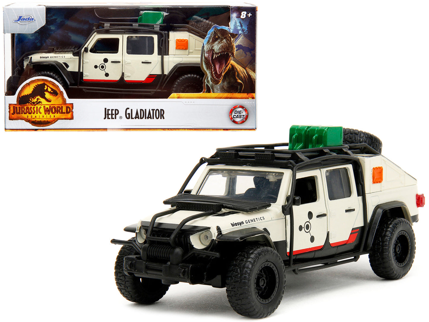 Jeep Gladiator Pickup Truck with Equipment Shell Beige with Graphics "Biosyn Genetics" "Jurassic World Dominion" (2022) Movie "Hollywood Rides" Series 1/32 Diecast Model Car by Jada  free shipping USA