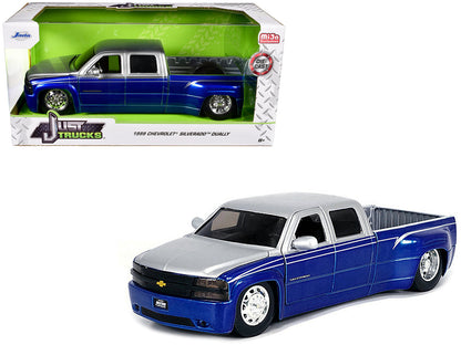 1999 Chevrolet Silverado Dually Pickup Truck Blue Metallic and Silver with Stock Wheels "Just Trucks" Series 1/24 Diecast Model Car by Jada  free shipping USA