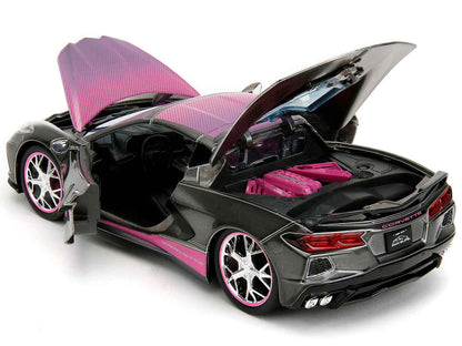 2020 Chevrolet Corvette Stingray Gray Metallic with Pink Carbon Hood and Top "Pink Slips" Series 1/24 Diecast Model Car by Jada