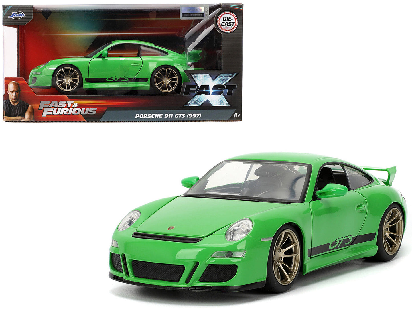 Porsche 911 GT3 (997) Green with Black Accents "Fast X" (2023) Movie "Fast & Furious" Series 1/24 Diecast Model Car by Jada  free shipping USA