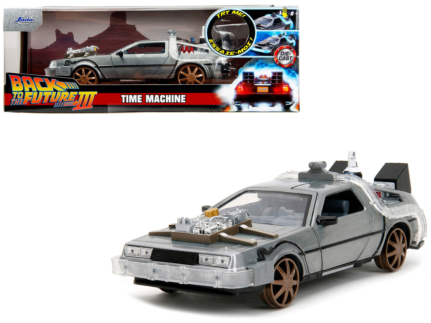 DeLorean Brushed Metal Time Machine (Train Wheel Version) with Lights "Back to the Future Part III" (1990) Movie "Hollywood Rides" Series 1/24 Diecast Model Car by Jada  free shipping USA