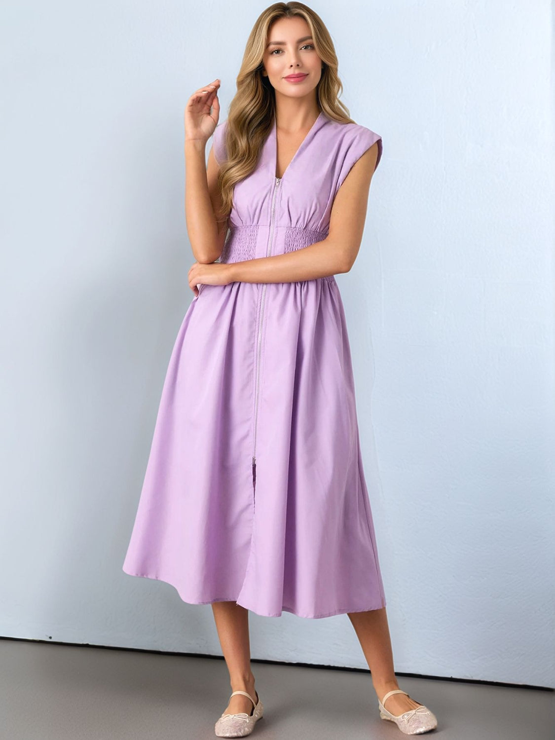 Smocked Zip Front Cap Sleeve Dress