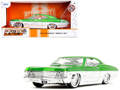 1967 Chevrolet Impala SS Green Metallic and White with White Interior "Bigtime Muscle" Series 1/24 Diecast Model Car by Jada  free shipping USA
