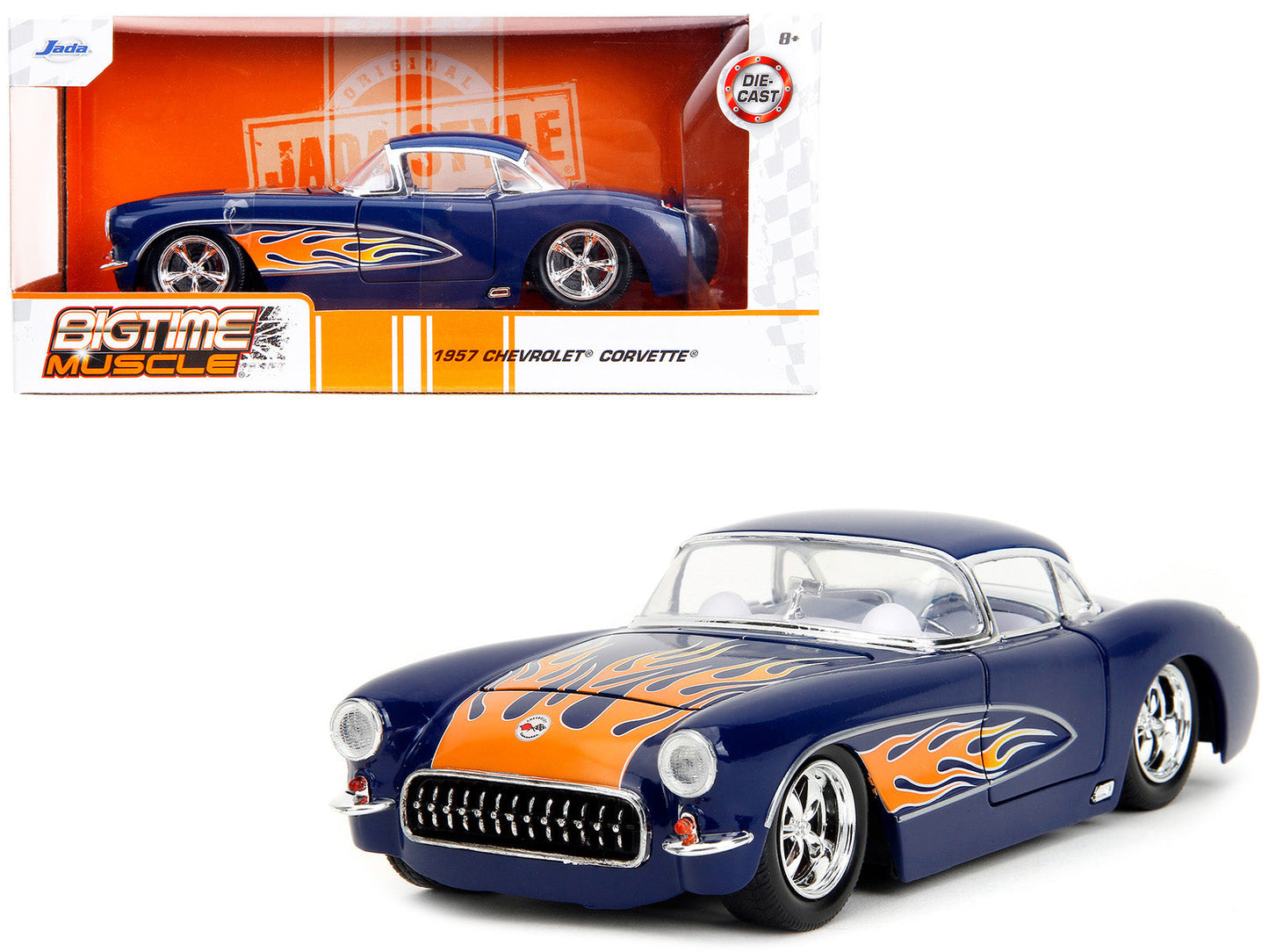 1957 Chevrolet Corvette Dark Blue with Flame Graphics and White Interior "Bigtime Muscle" Series 1/24 Diecast Model Car by Jada  free shipping USA