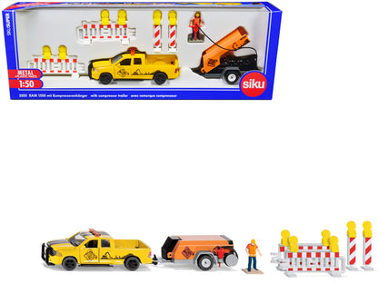Ram 1500 Pickup Truck Yellow with Compressor Trailer and Worker Figure with Accessories Set 1/50 Diecast Models by Siku  free shipping USA
