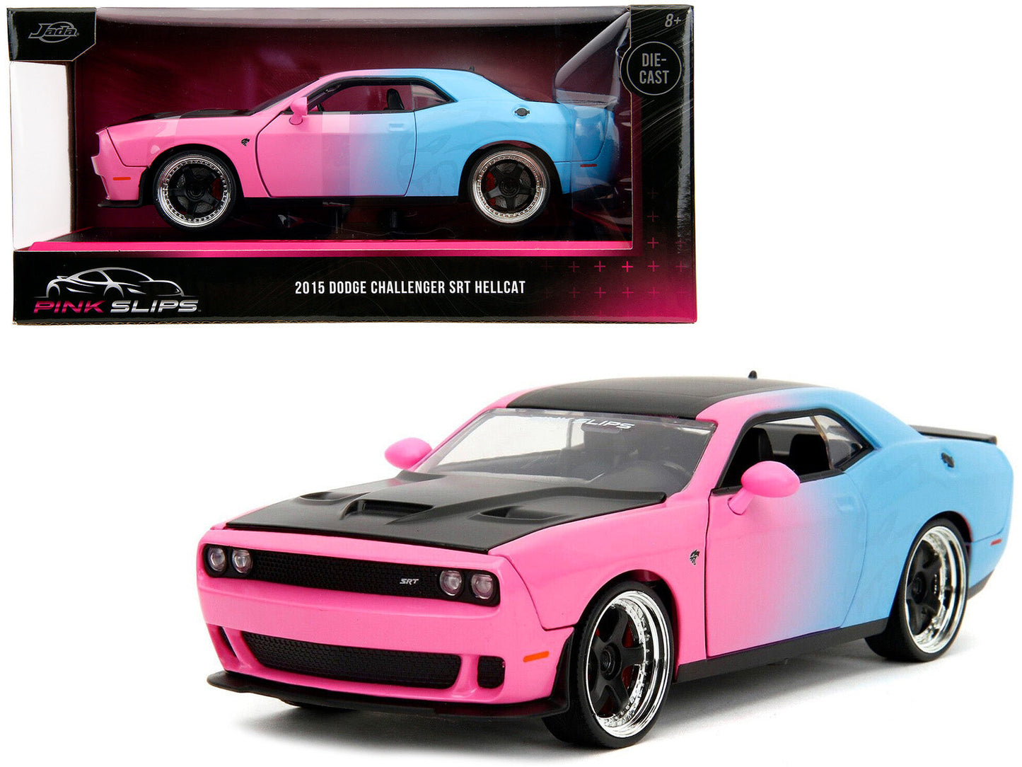 2015 Dodge Challenger SRT Hellcat Pink and Blue Gradient with Matt Black Hood and Top "Pink Slips" Series 1/24 Diecast Model Car by Jada  free shipping USA