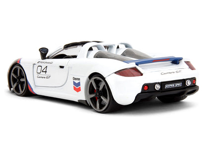 Porsche Carrera GT Convertible #04 "Chevron" White with Graphics "Hyper-Spec" Series 1/24 Diecast Model Car by Jada