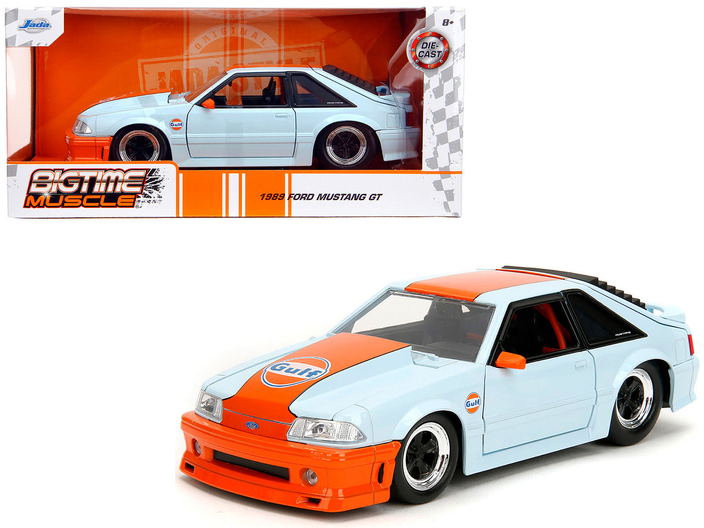 1989 Ford Mustang GT "Gulf Oil" Light Blue with Orange Stripe "Bigtime Muscle" Series 1/24 Diecast Model Car by Jada  free shipping USA