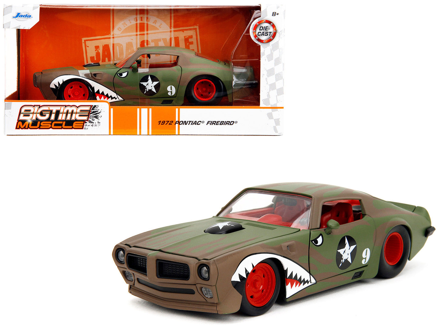 1972 Pontiac Firebird #9 Green Camouflage Flames with Graphics and Red Interior "Bigtime Muscle" Series 1/24 Diecast Model Car by Jada  free shipping USA