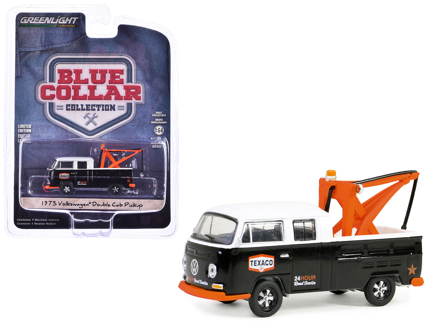 1973 Volkswagen Double Cab Tow Truck Black and White "Texaco 24 Hour Road Service" "Blue Collar Collection" Series 13 1/64 Diecast Model Car by Greenlight  free shipping USA