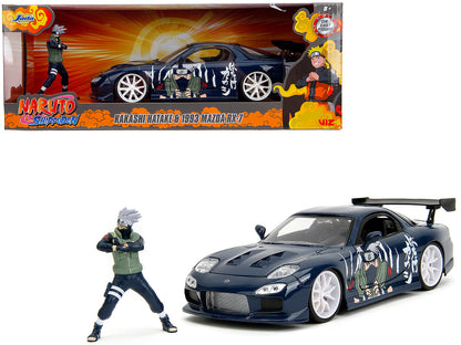 1993 Mazda RX-7 Dark Blue with Graphics and Kakashi Hatake Diecast Figure "Naruto Shippuden" (2009-2017) TV Series "Anime Hollywood Rides" Series 1/24 Diecast Model Car by Jada  free shipping USA