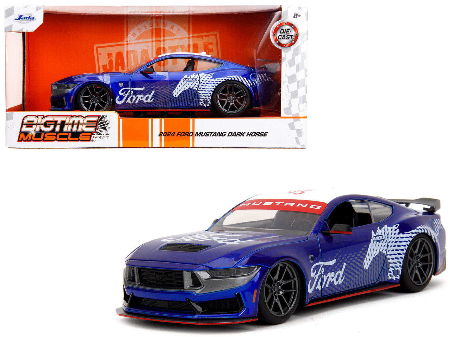 2024 Ford Mustang Dark Horse Candy Blue with White Top and "Mustang Horse Graphics" "Bigtime Muscle" Series 1/24 Diecast Model Car by Jada  free shipping USA