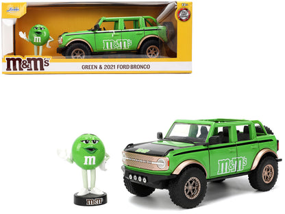 2021 Ford Bronco Green with Black Stripes and Green M&M's Diecast Figure "Hollywood Rides" Series 1/24 Diecast Model Car by Jada  free shipping USA