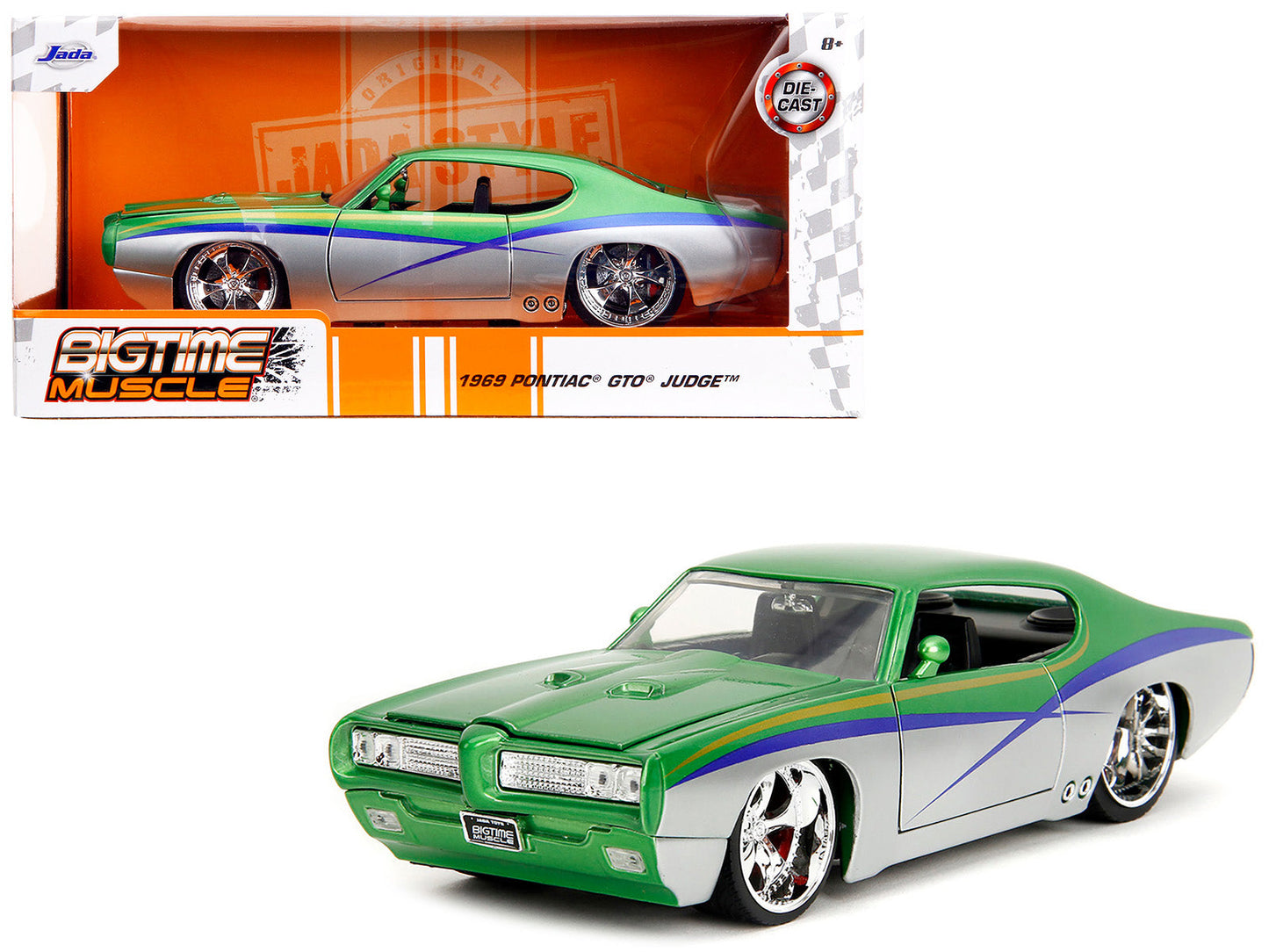 1969 Pontiac GTO Judge Green Metallic and Silver with Stripes "Bigtime Muscle" Series 1/24 Diecast Model Car by Jada  free shipping USA