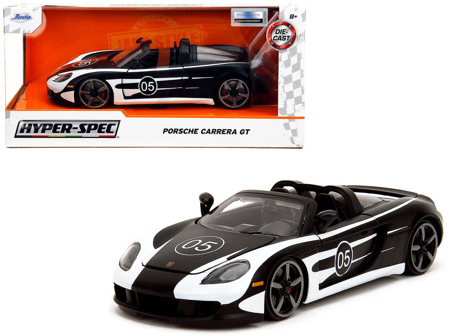 Porsche Carrera GT Convertible #05 Black with White Graphics "Hyper-Spec" Series 1/24 Diecast Model Car by Jada  free shipping USA