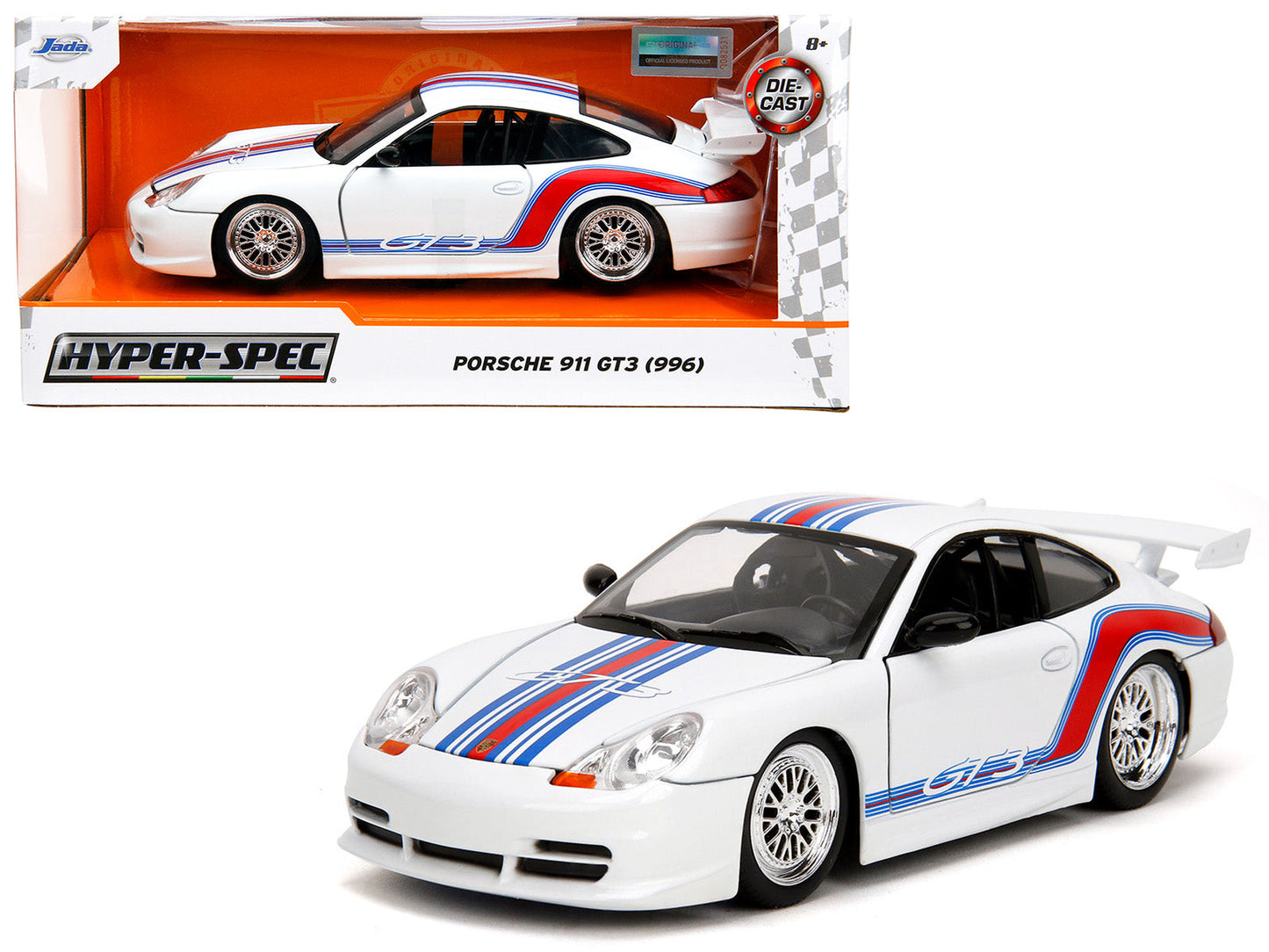 Porsche 911 GT3 (996) White with Red and Blue Stripes "Hyper-Spec" Series 1/24 Diecast Model Car by Jada  free shipping USA
