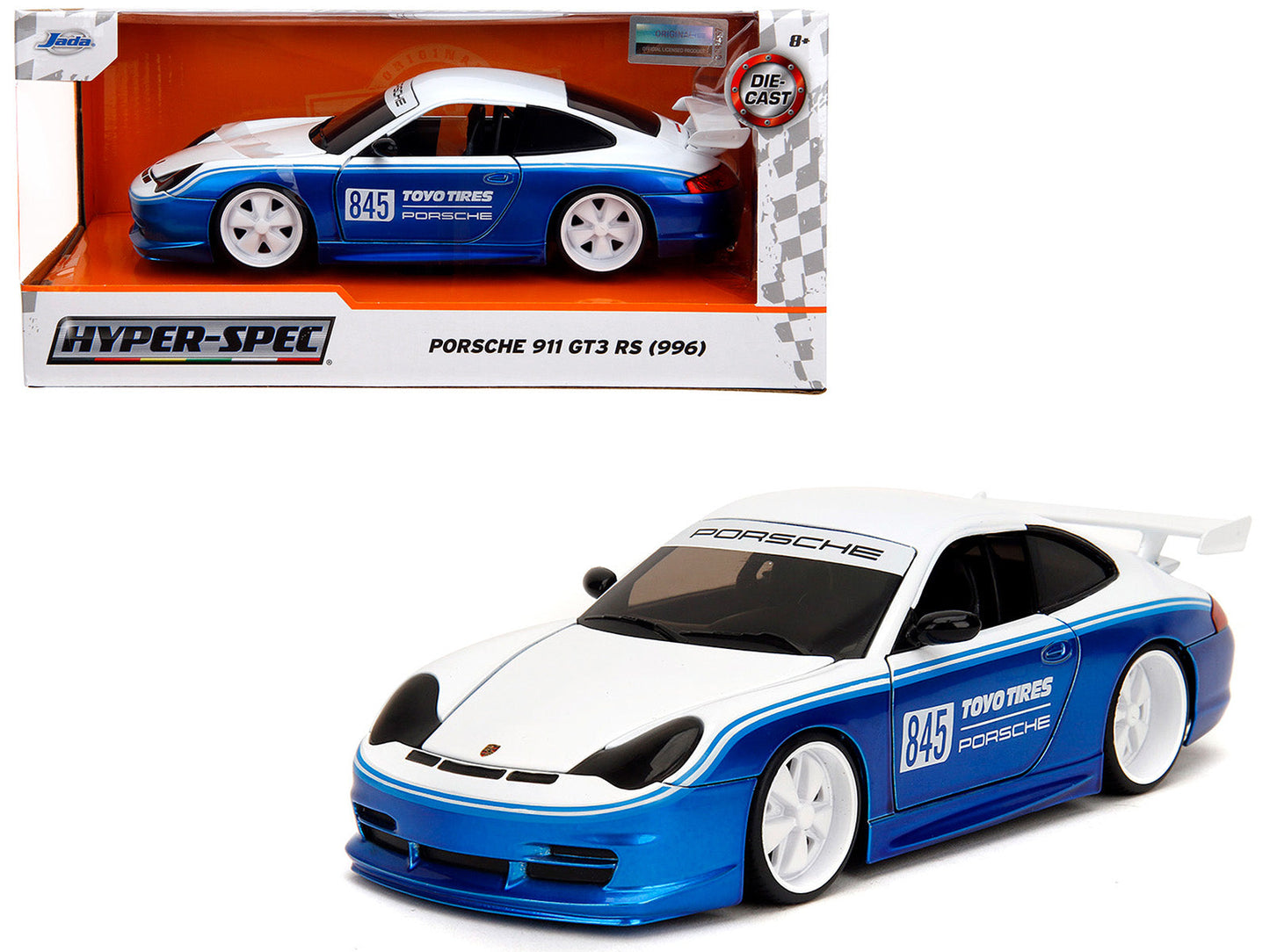 Porsche 911 GT3 RS (996) #845 White and Blue Metallic "Toyo Tires" "Hyper-Spec" Series 1/24 Diecast Model Car by Jada  free shipping USA