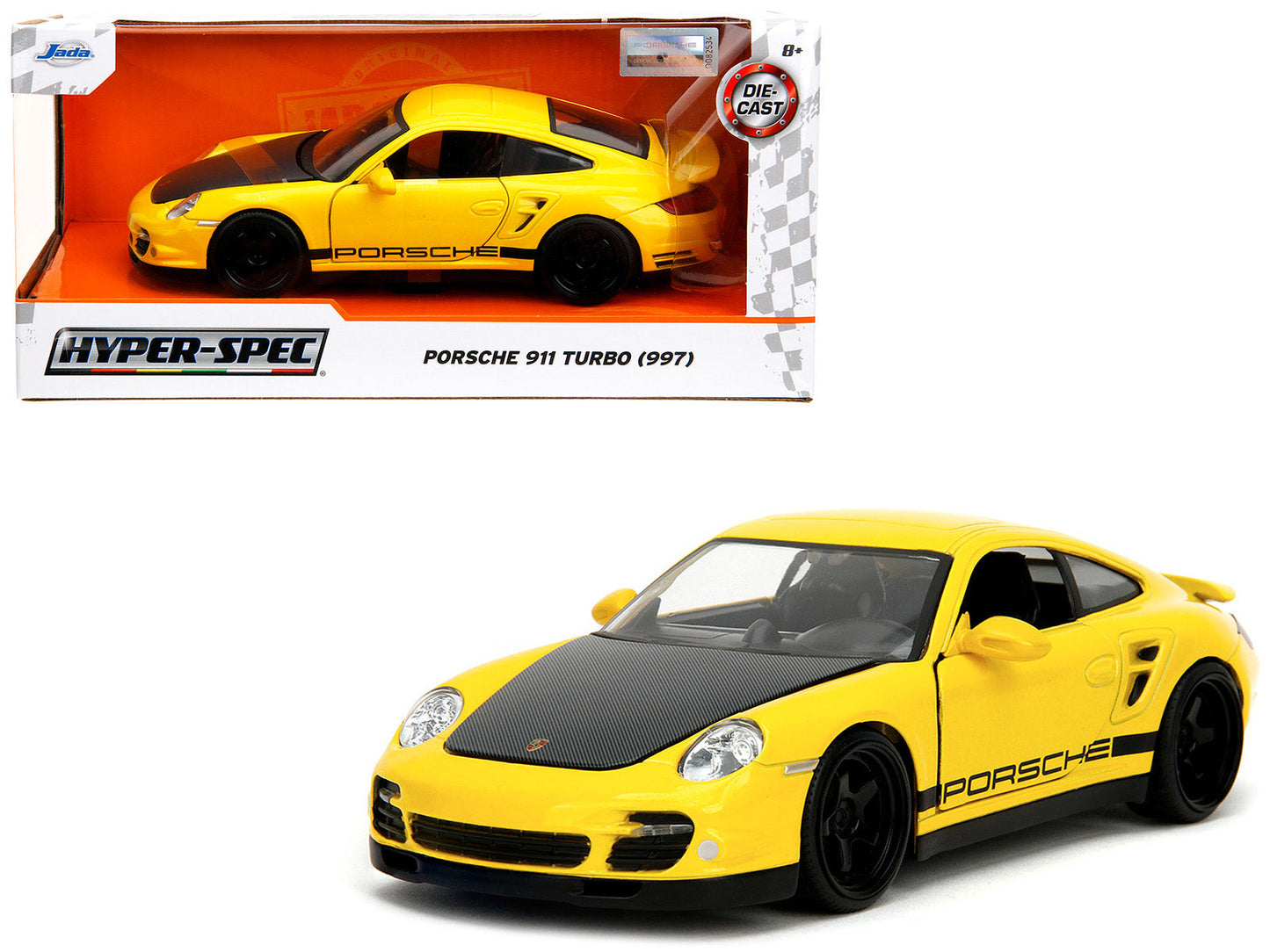 Porsche 911 Turbo (997) Yellow with Carbon Hood "Hyper-Spec" Series 1/24 Diecast Model Car by Jada  free shipping USA