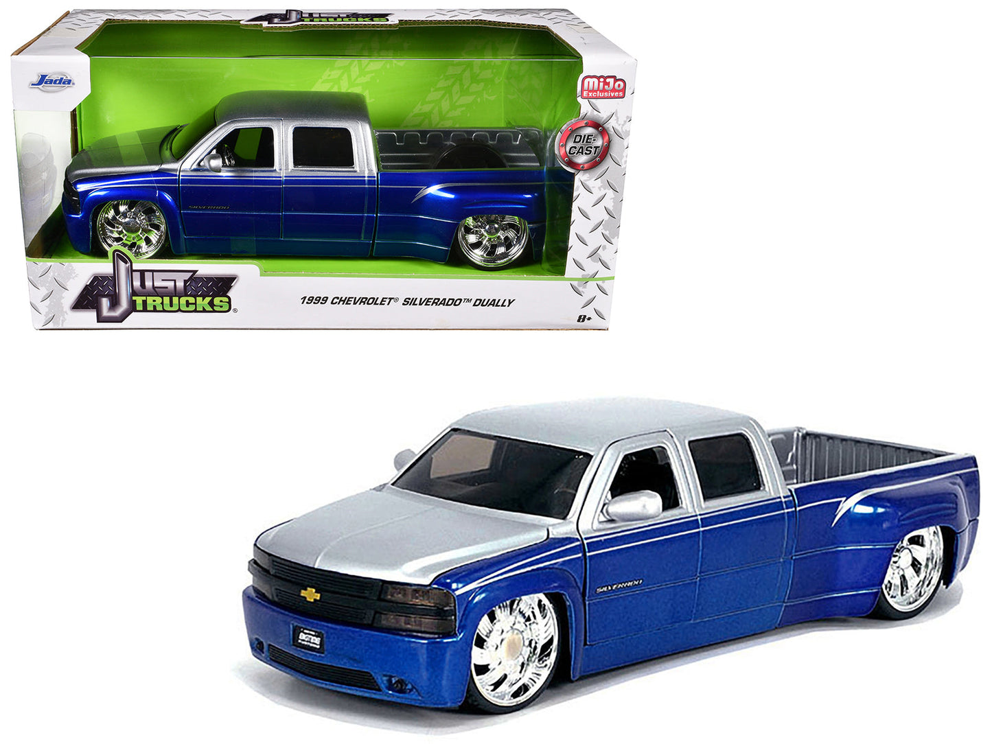 1999 Chevrolet Silverado Dually Pickup Truck Blue Metallic and Silver with Custom KMC Wheels "Just Trucks" Series 1/24 Diecast Model Car by Jada  free shipping USA
