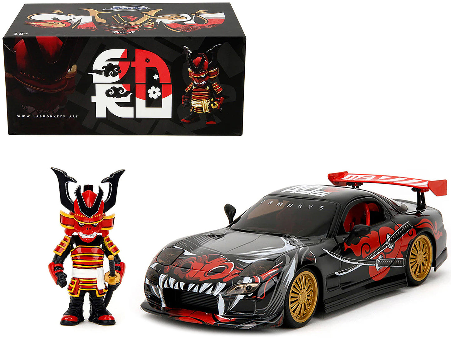 1993 Mazda RX-7 Black with Graphics "Lab Monkeys" with Saru Diecast Figure "Hollywood Rides" Series 1/24 Diecast Model Car by Jada  free shipping USA